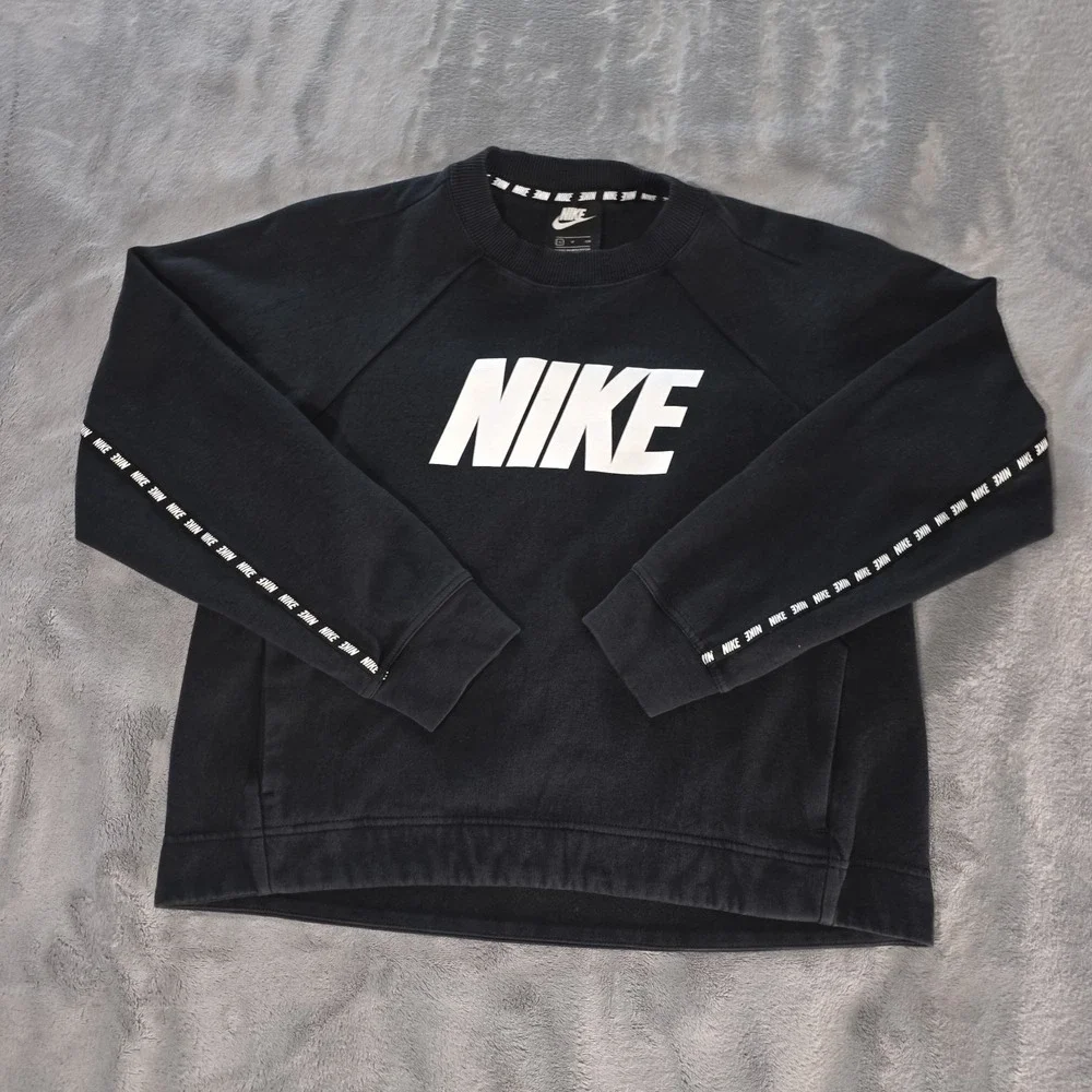 Nike Sportswear Optic Crewneck Top Womens Small Black NIKE Spell Out & Arm‎ Trim